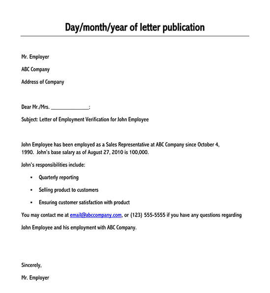 employment verification letter template word