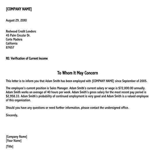 Proof Of Loss Of Income Letter Template