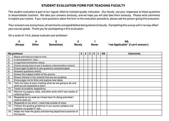 student evaluation form pdf