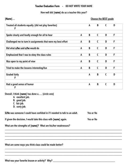 student evaluation form template word