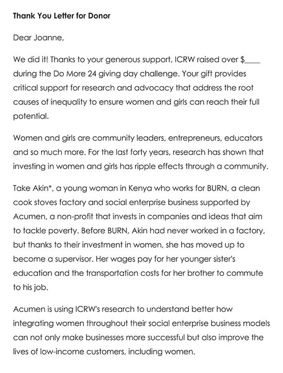 Thank You Letters for Donors Sample 05 Thank You Letters for Donors Sample 05