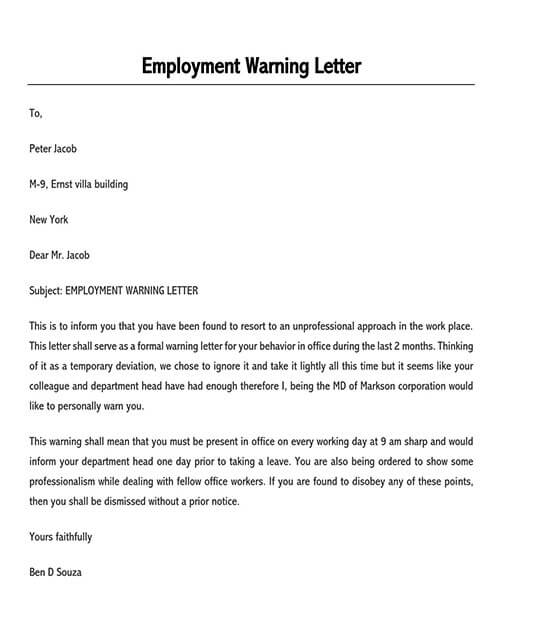 warning letter to employee for negligence