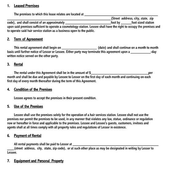 salon booth rental lease agreement template