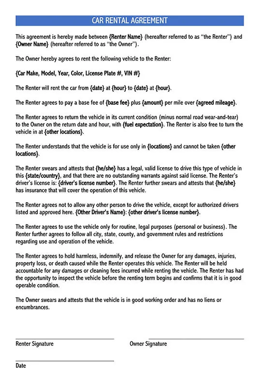 12 Free Car Rental Lease Agreement Forms Templates