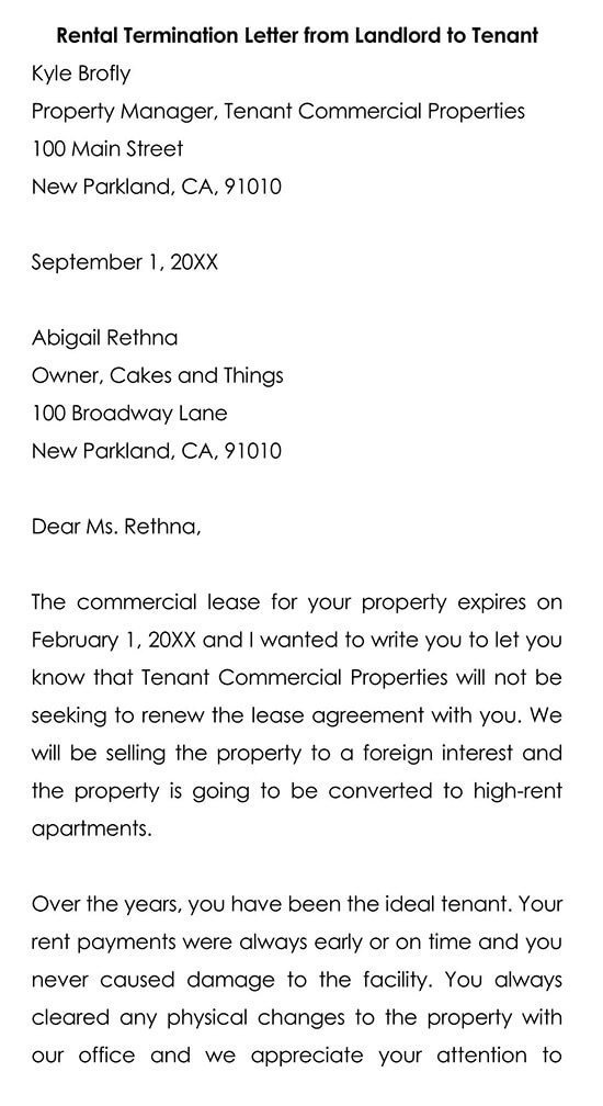 Editable Rental Termination Letter from Landlord to Tenant