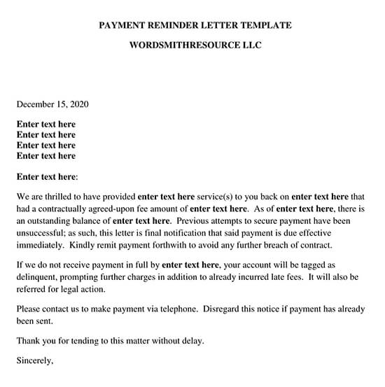 Payment Reminder Letter Template Example