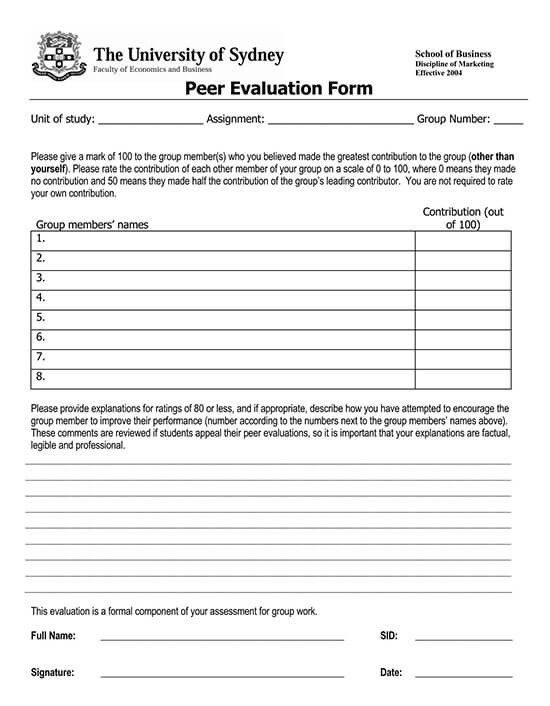 Peer Evaluation form Sample Pdf 07 Page 1 group evaluation form template