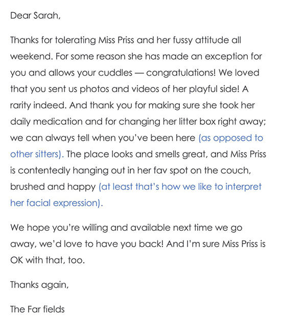 Pet Cat Sitting Thank You Note Wording