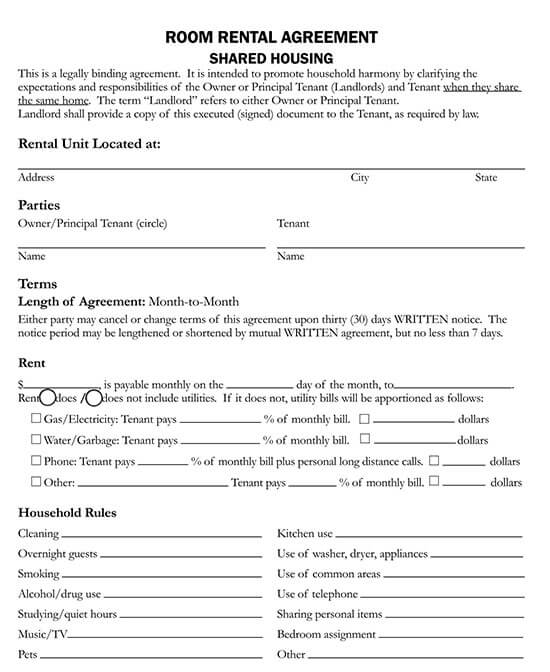 room rental agreement template  doc