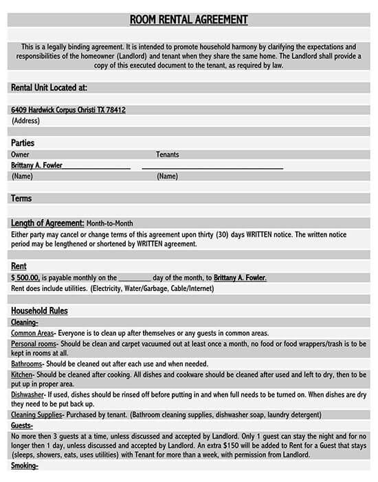 room rental agreement template  doc 1
