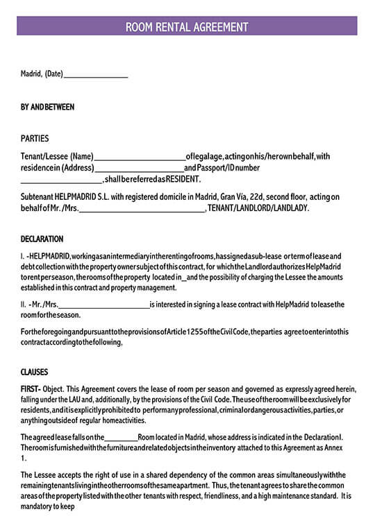 room rent agreement format in english word 1