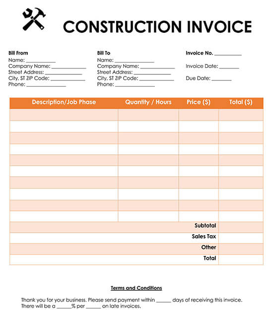 Sample Contruction Invoice Template 02