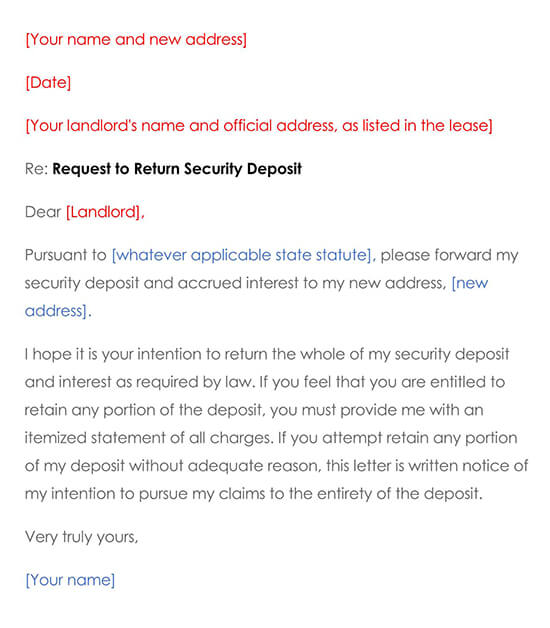 Sample Letter to Landlord Request for Security Deposit