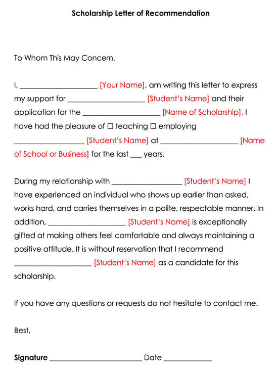 Scholarship Letter of Recommendation Template