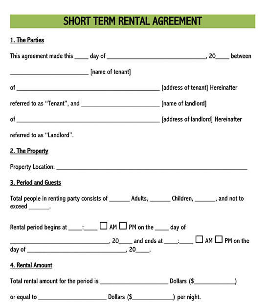 free short term rental lease agreement forms templates