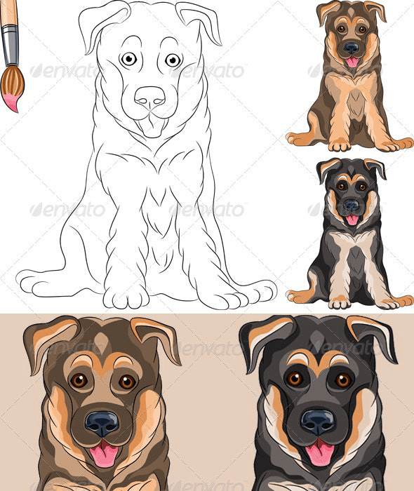 Coloring Book of smiling Puppy Shepherd