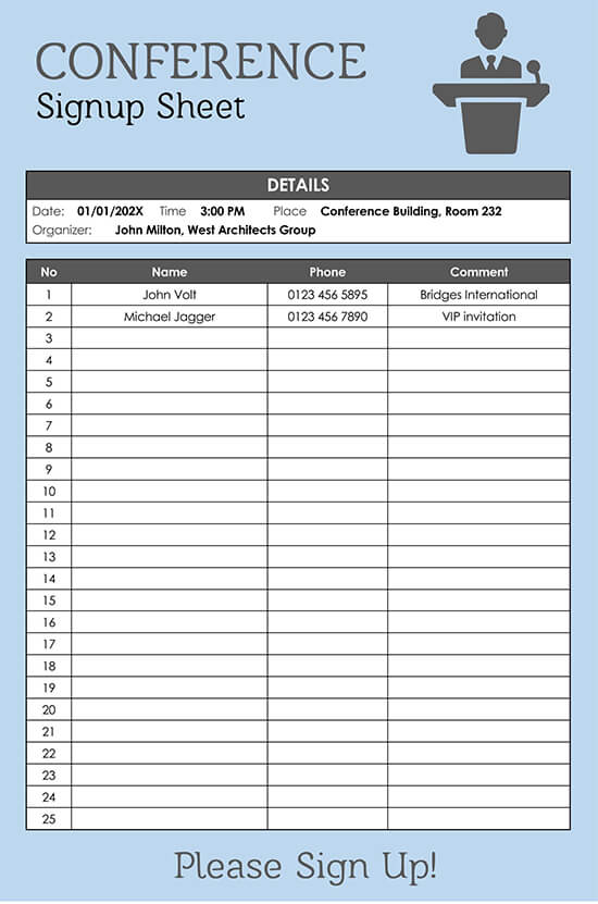 Conference Sign Up Sheet 01 Template