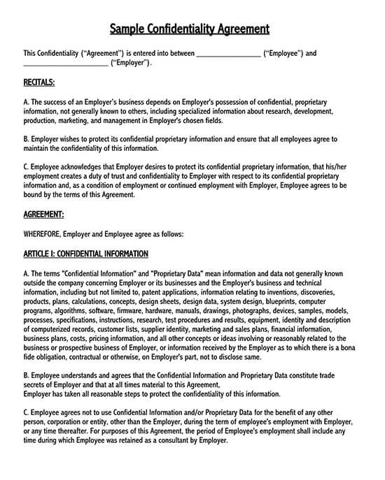 human resources employee confidentiality agreement template