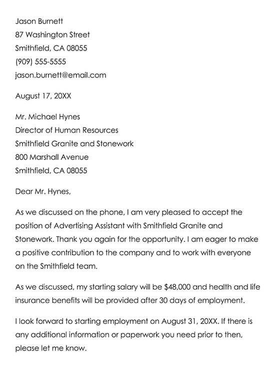 Example of a Letter Accepting a Job Offer