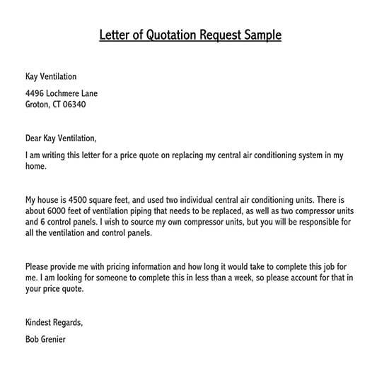 sample cover letter for submitting a quotation