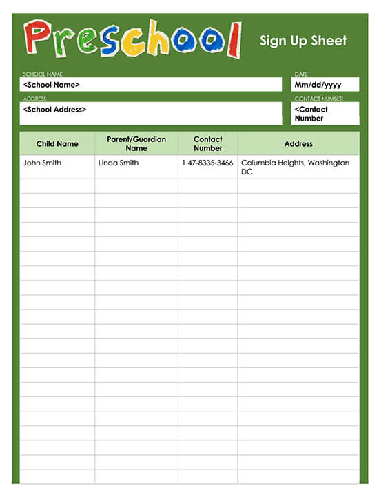 Preshool Sign In Sheet Template