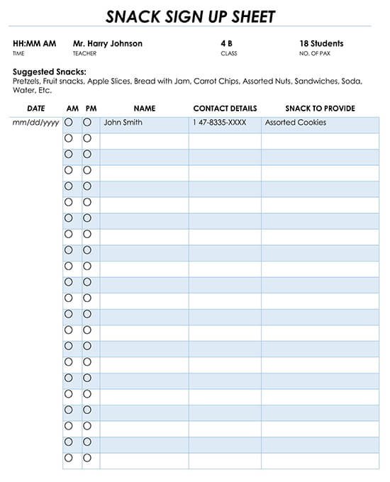 Snack Sign Up Sheet Template