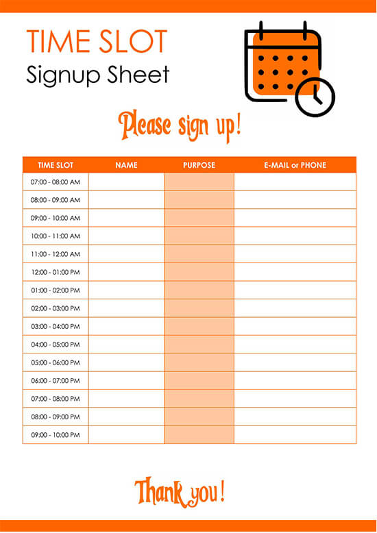 Time Slot Sign Up Sheet Template