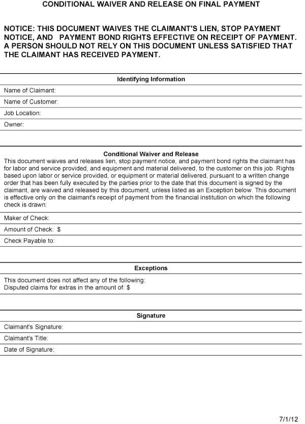Conditional Contractor's Lien Release Form Sample 02