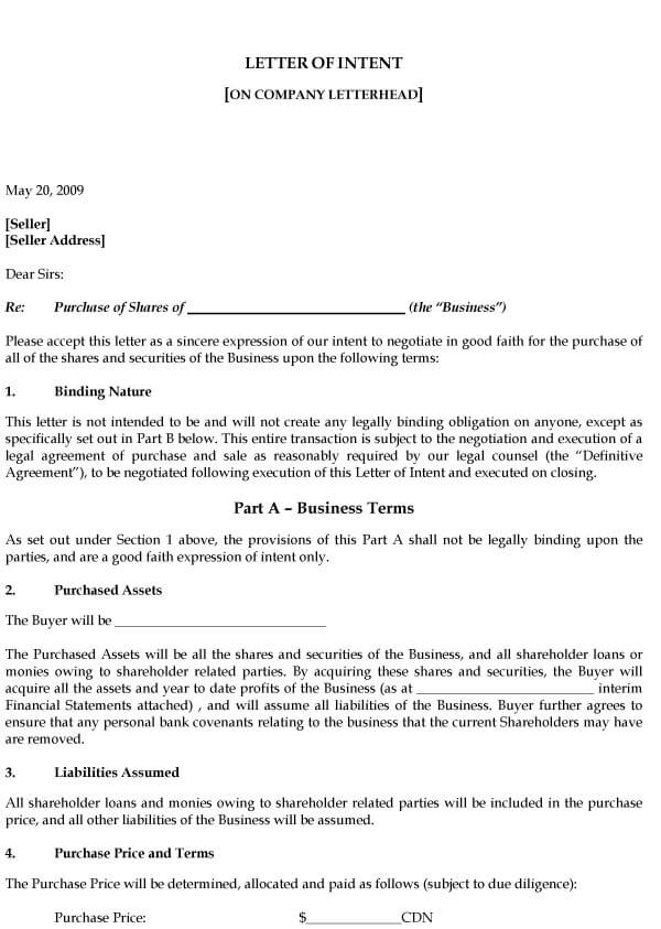 Business Purchase Letter Of Intent Sample 03