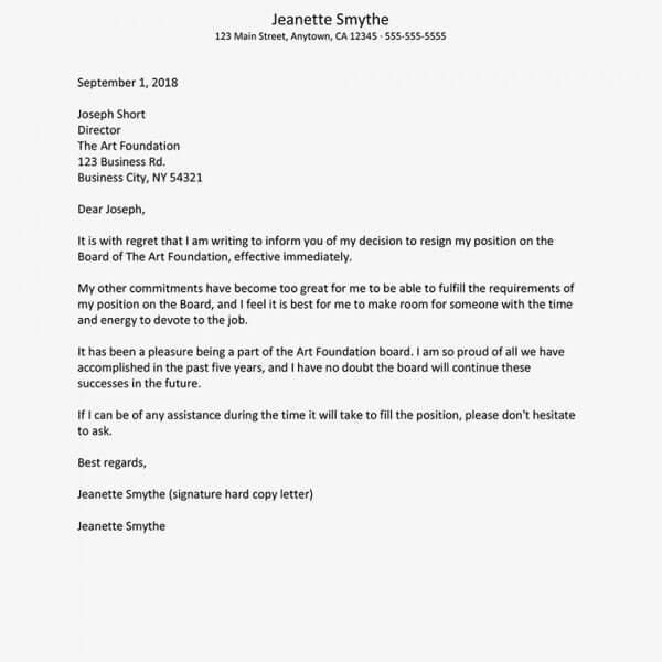 Board Resignation Letter Sample 12