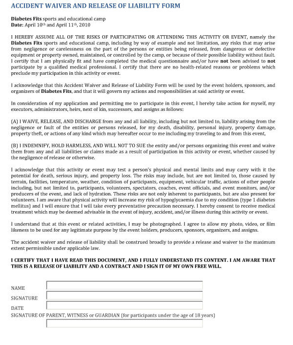 Car Accident Release Of Liability Form Sample 01