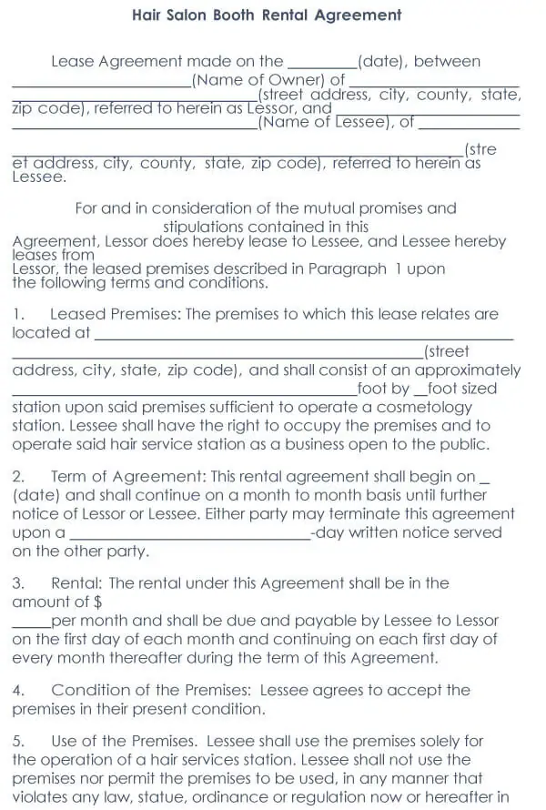 Salon Booth Rental Agreement Template