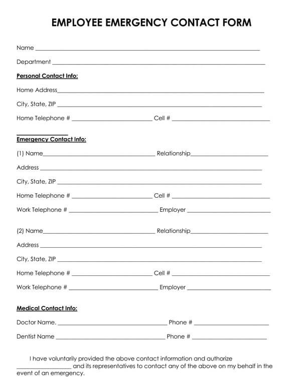 Staff Emergency Contact Form Template Word