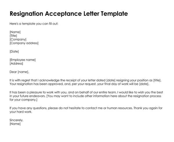 acceptance letter for resignation