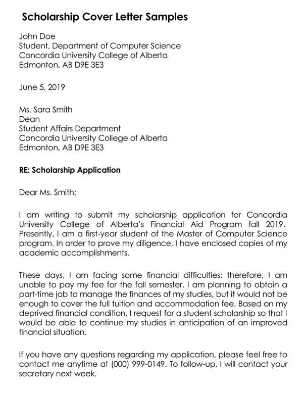 scholarship cover letter template