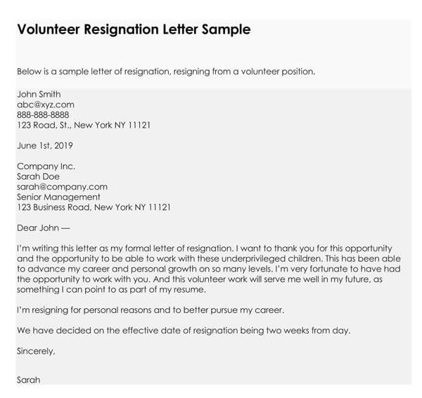 Volunteer Resignation Letter 10 Samples And Free Templates