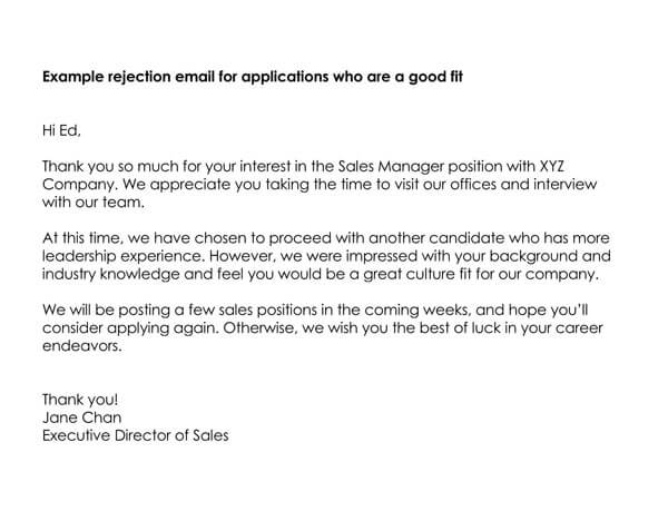 Polite job rejection email