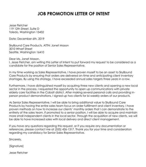 Letter Of Intent For Promotion Example Letter Of Intent For Promotion Example