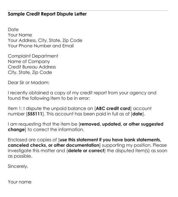 Credit Dispute Letter Template