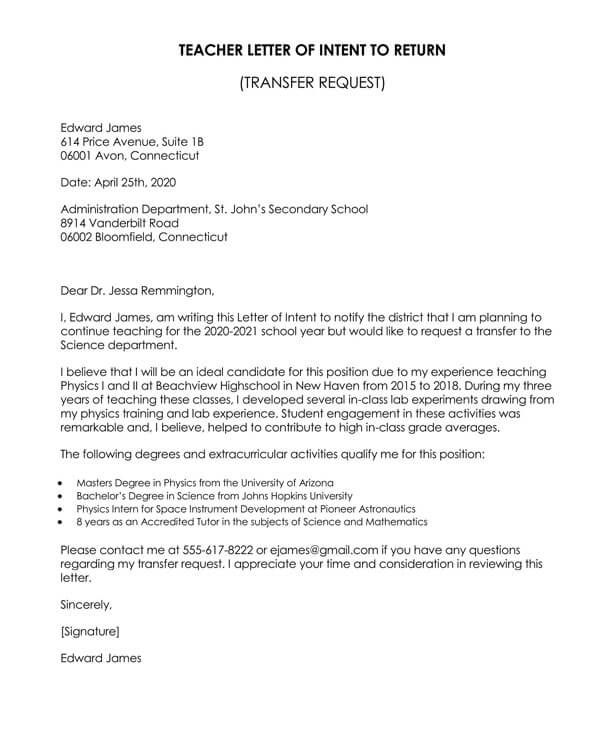 letter of intent special education teacher