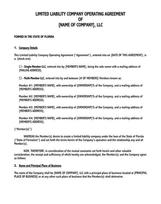 Florida LLC Operating Agreement Template 01