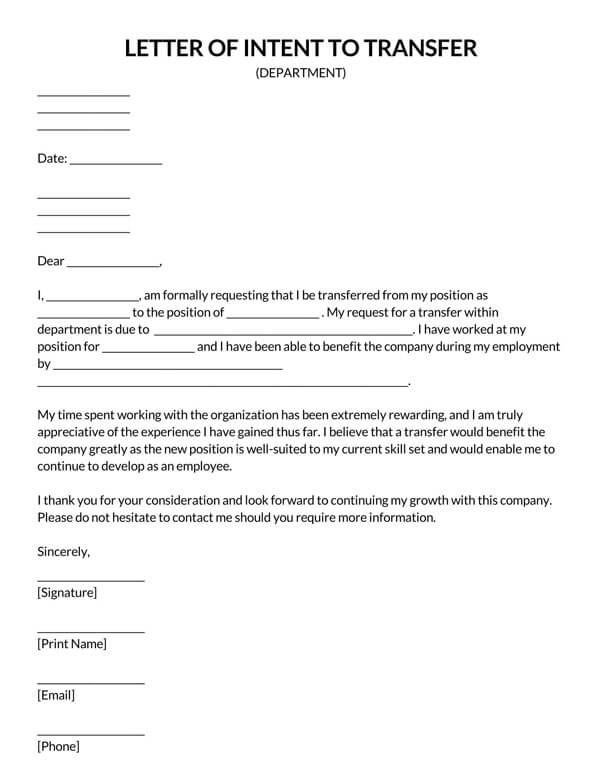 Letter of Intent to Transfer Template