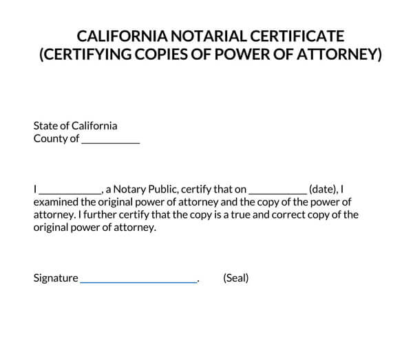 California Notarial Certificate Certifying Copies of Power of Attorney