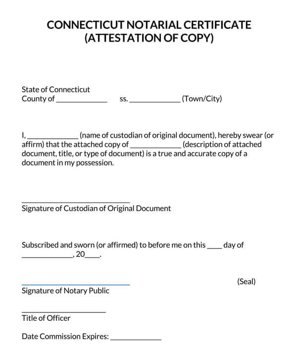 Connecticut Notarial Certificate Attestation of Copy