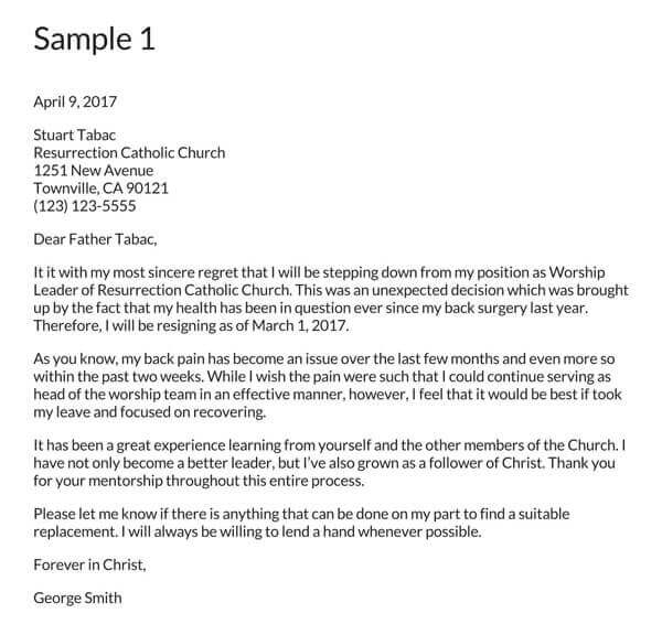 Resignation Letter For Church Position