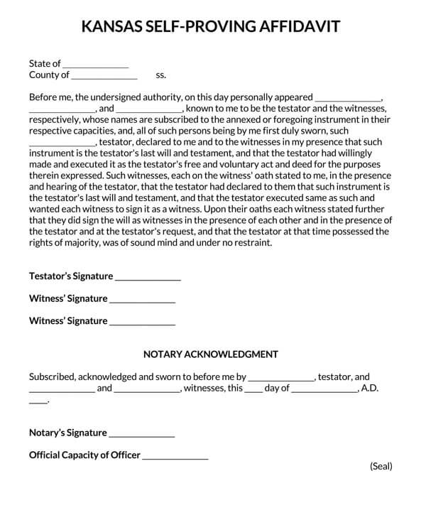 Kansas Self Proving Affidavit Form