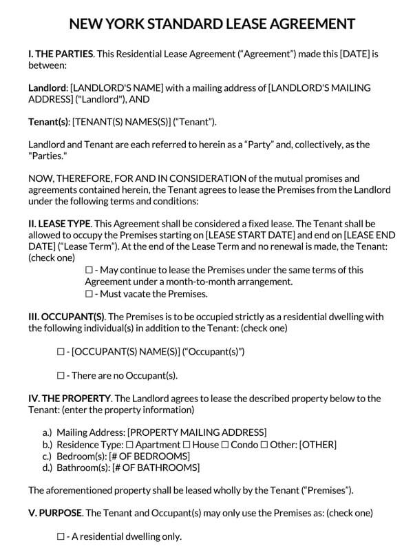 New York Standard Residential Lease Agreement Template