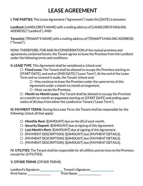 One 1 Page Residential Lease Agreement
