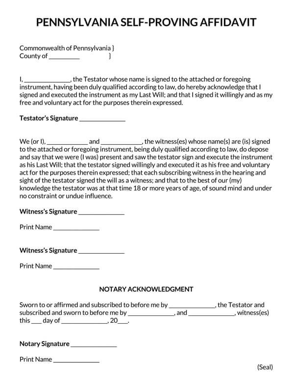 Pennsylvania Self Proving Affidavit Form