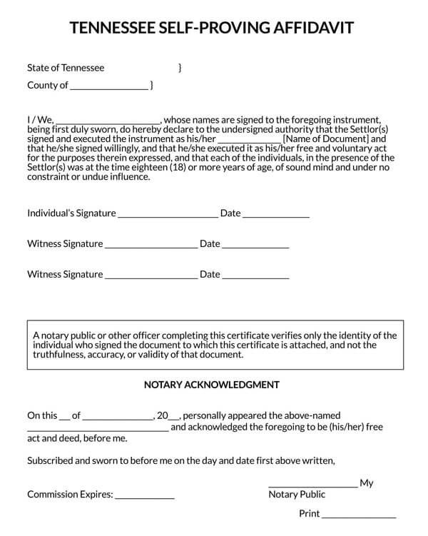 Tennessee Self Proving Affidavit Form Page 1